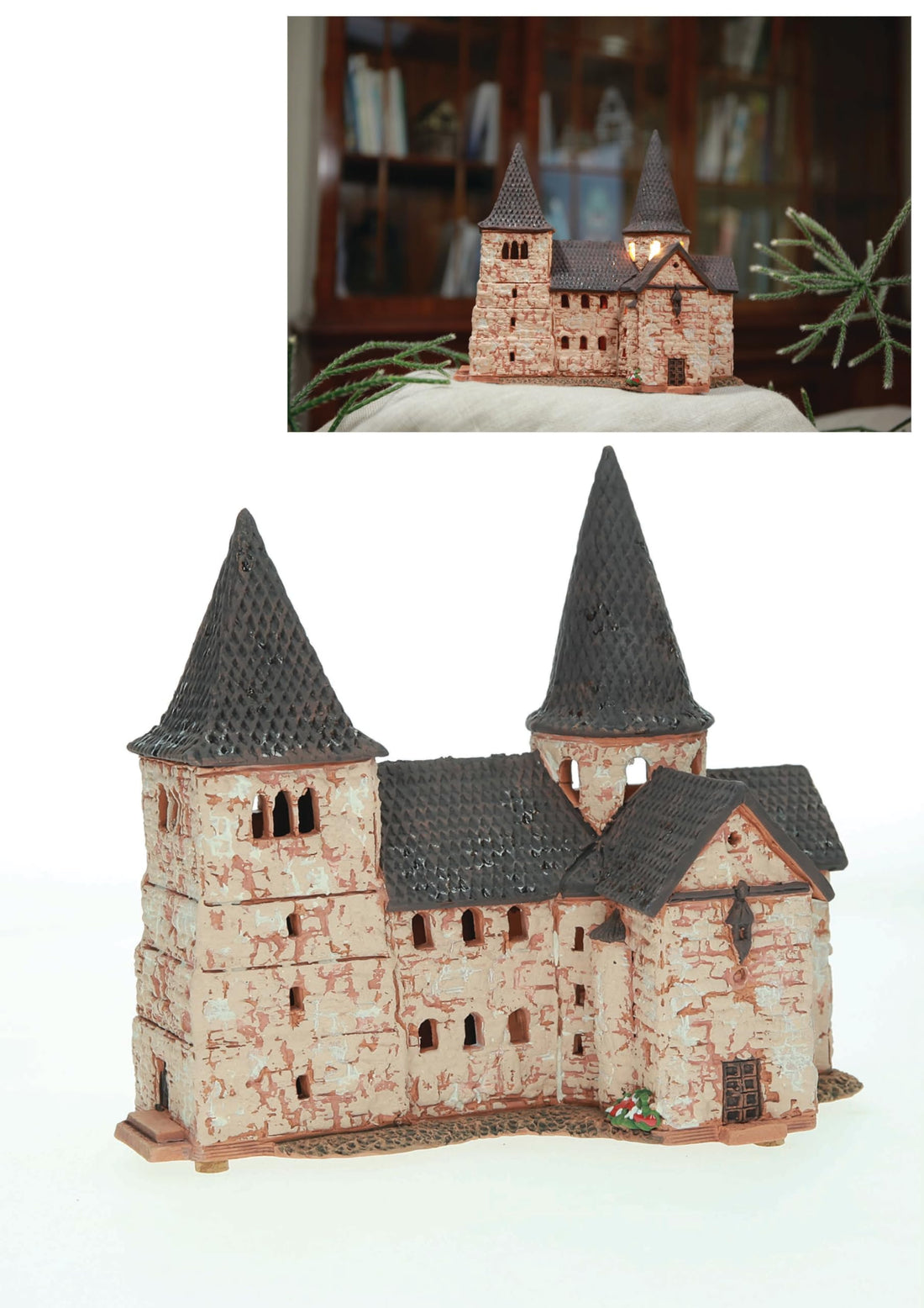 Midene Ceramic Christmas Village Houses Collection - Collectible Handmade Miniature of Light House St Michael Church in Fulda, Germany - Tea Light Candle Holder B297N*