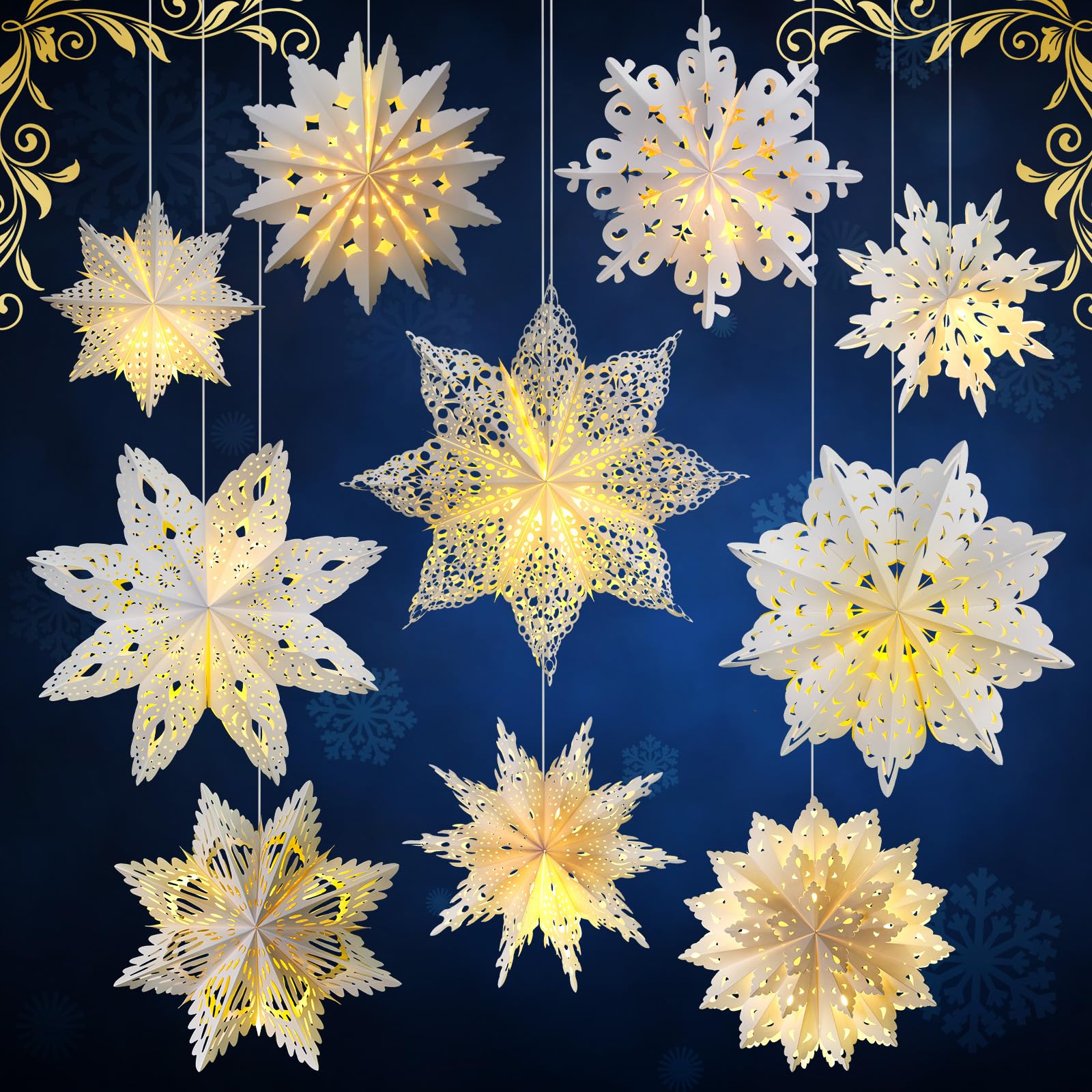 Mudder 10 Pcs Snowflake Paper Lantern Paper Star Lantern with 14 LED Light Paper Lamp Frozen Party Hanging Decoration for Christmas Weddings New Year Birthday Holiday Celebration, White