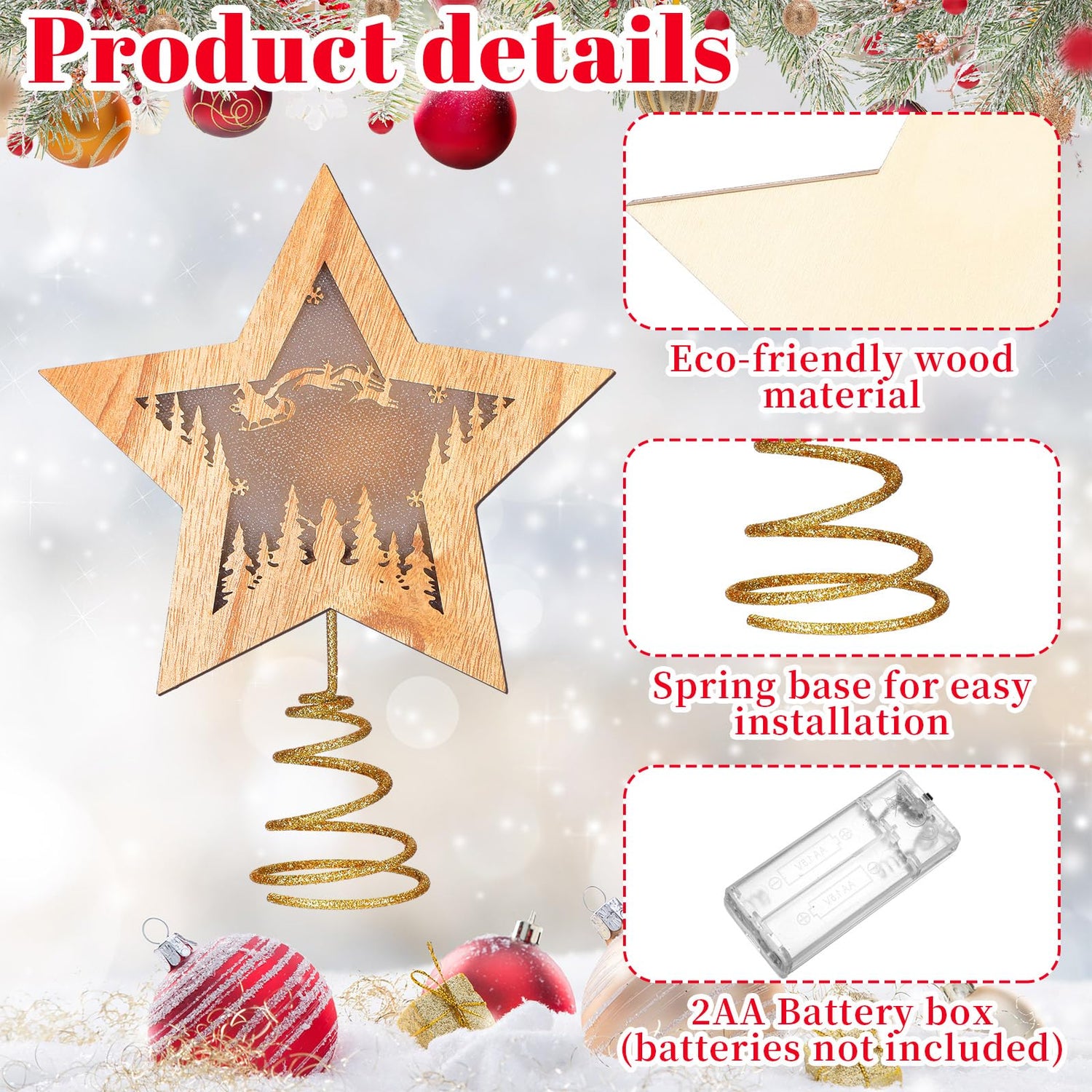 Craftsatin Wood Christmas Tree Topper Rustic Sleigh Star Box with LED Light for Christmas Tree Decorations Lighted Xmas Table Display Decor for Winter Holiday Party Supplies Housewarming Birthday Gift