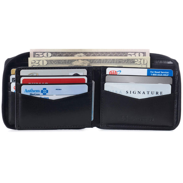 Alpine Swiss Logan Mens RFID Safe Zipper Wallet Leather Zip Around Bifold Comes in Gift Box Black.