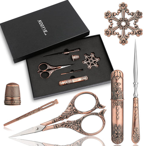 Embroidery Scissors Kits, Vintage Scissors European Style Sewing Scissors, Sewing Kit with Sewing Needle Case, Thimble and Metal Floss Bobbin, Complete Needlework Kits for Embroidery (Coppery)