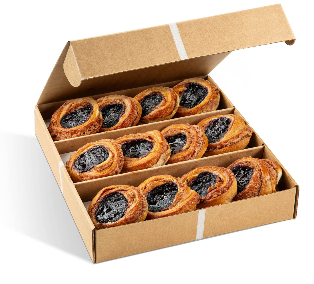 Holiday Gift Basket, Fruit Danish Pastries | Gourmet Christmas Holiday Corporate Food Gifts in Gift box |12 Individually Wrapped BLUEBERRY Filled Cinnamon Buns | Halloween,Thanksgiving-Stern’s Bakery