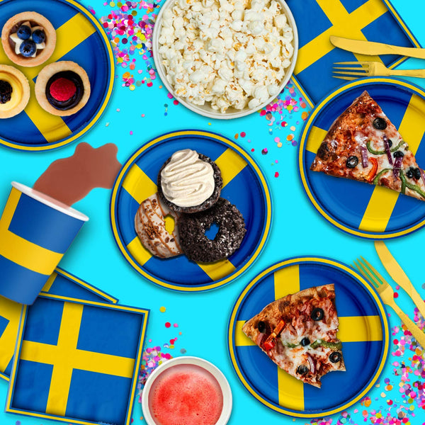Swedish Flag Birthday Party Supplies Set Plates Napkins Cups Tableware Kit for 16.