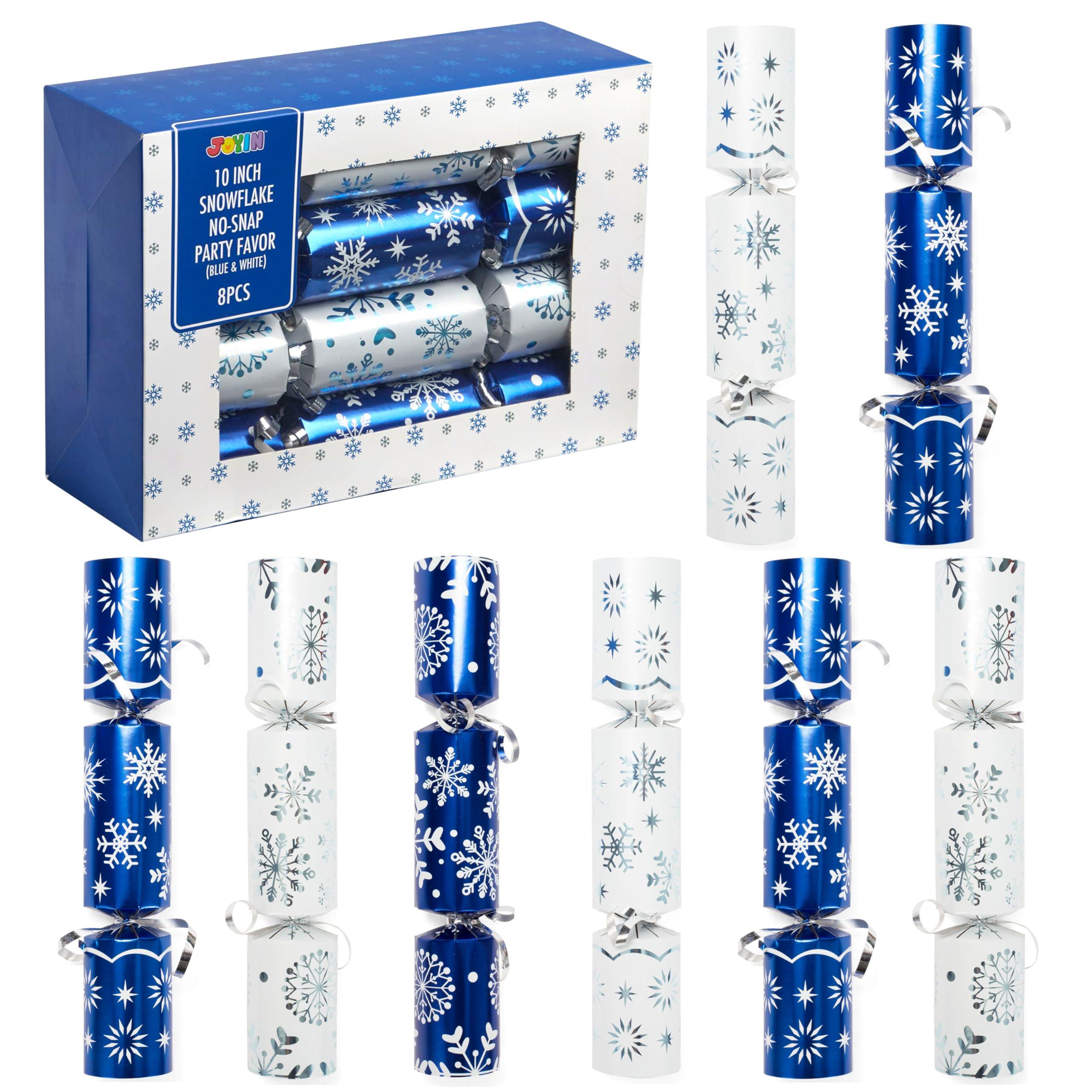 British Crackers 8 Pack Christmas Party Table Favor with Blue &amp; White Snowflake Design, with Party Hat, Joke &amp; Little Gift Inside, for Xmas Gift, Christmas Seasonal Holiday Dinner Traditions