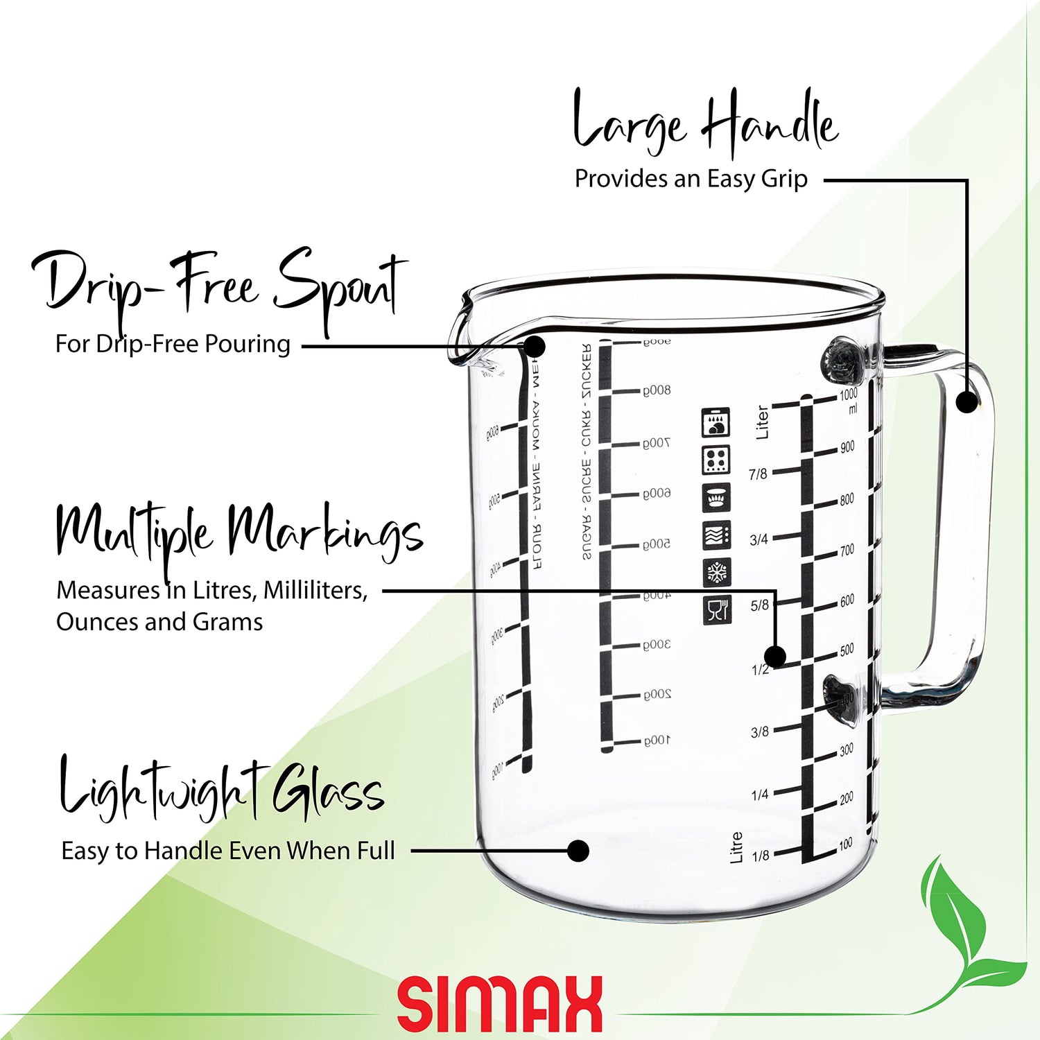 Simax Glass Measuring Cups in Grams, Borosilicate Glass Ml Measuring Cup, 32 Oz Liquid Measuring Cup Glass for Metric Measurements, Liter, Milliliter, Ounce, Sugar &amp; Flour Grams, No Drip Pour Spout