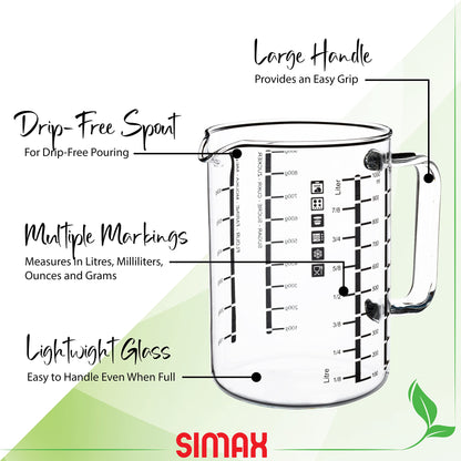 Simax Glass Measuring Cups in Grams, Borosilicate Glass Ml Measuring Cup, 32 Oz Liquid Measuring Cup Glass for Metric Measurements, Liter, Milliliter, Ounce, Sugar &amp; Flour Grams, No Drip Pour Spout