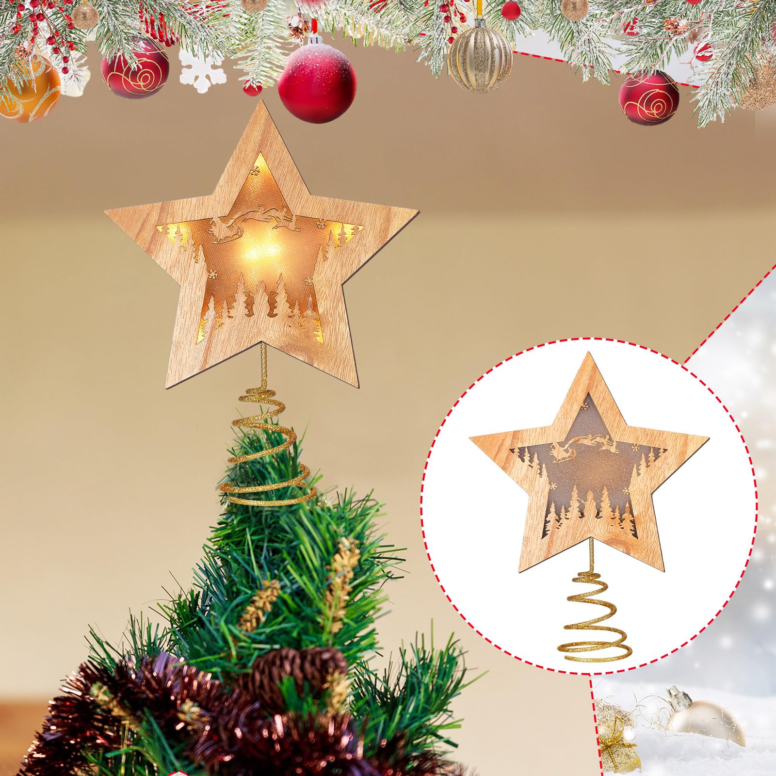 Craftsatin Wood Christmas Tree Topper Rustic Sleigh Star Box with LED Light for Christmas Tree Decorations Lighted Xmas Table Display Decor for Winter Holiday Party Supplies Housewarming Birthday Gift