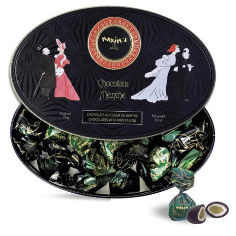 Maxim's De Paris - Chocolate Covered Mint Candies in a Luxurious Oval Tin Box Black and Gold, Belle Epoque Design, 175 g