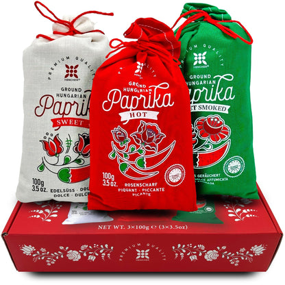 Hungarian Paprika Powder Gift Set (3x100g/3.5oz) Imported from Kalocsa, Hungary, 3 Flavors: Sweet, Hot and Sweet Smoked