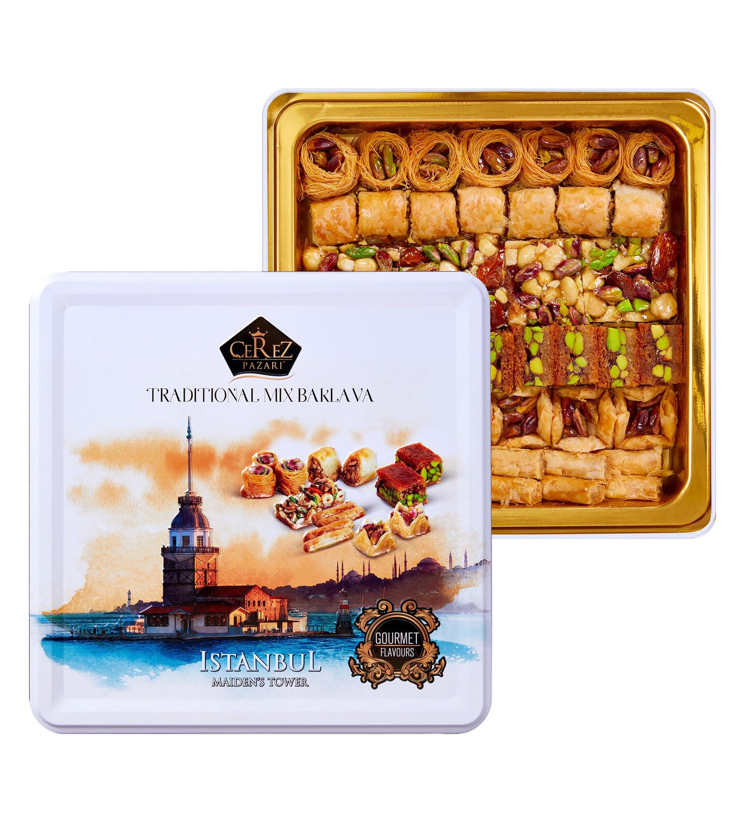 Cerez Pazari Baklava Pastry Gift Set - Turkish Baklava Pastry With Nuts &amp; Spices - Baklava Gift Box From Turkey - Vegan Pastry, Halal Snacks - Assorted 45-48 Pieces Per Metal Dessert Box - 1.32 lbs