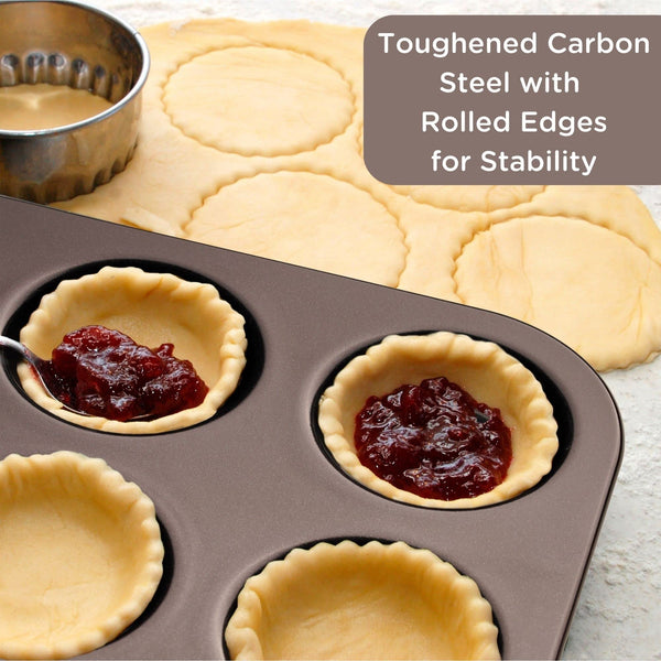 Mince Pie 12 Cup Tin – Carbon Steel Mincemeat Baking Tray - Non Stick Easy Shallow Muffin Pan for Patty Cakes and Tarts - 10 Year Guarantee.