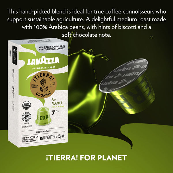 Lavazza TIERRA PLANET USDA ORGANIC Espresso Aluminum Capsules Compatible with Nespresso Original Machines (Pack of 60) ,Value Pack, Medium Roast, 100% Arabica, Intensity 7 of 13.