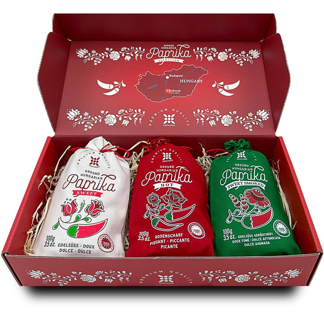 Hungarian Paprika Powder Gift Set (3x100g/3.5oz) Imported from Kalocsa, Hungary, 3 Flavors: Sweet, Hot and Sweet Smoked