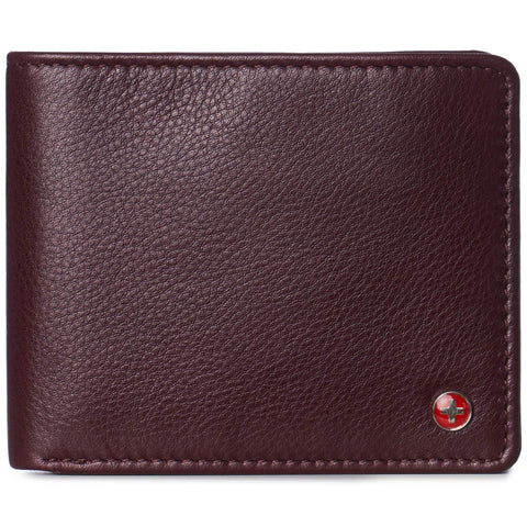 Alpine Swiss RFID Protected Mens Spencer Leather Wallet Bifold 2 ID Windows Divided Bill Section Comes in Gift Box Burgundy.