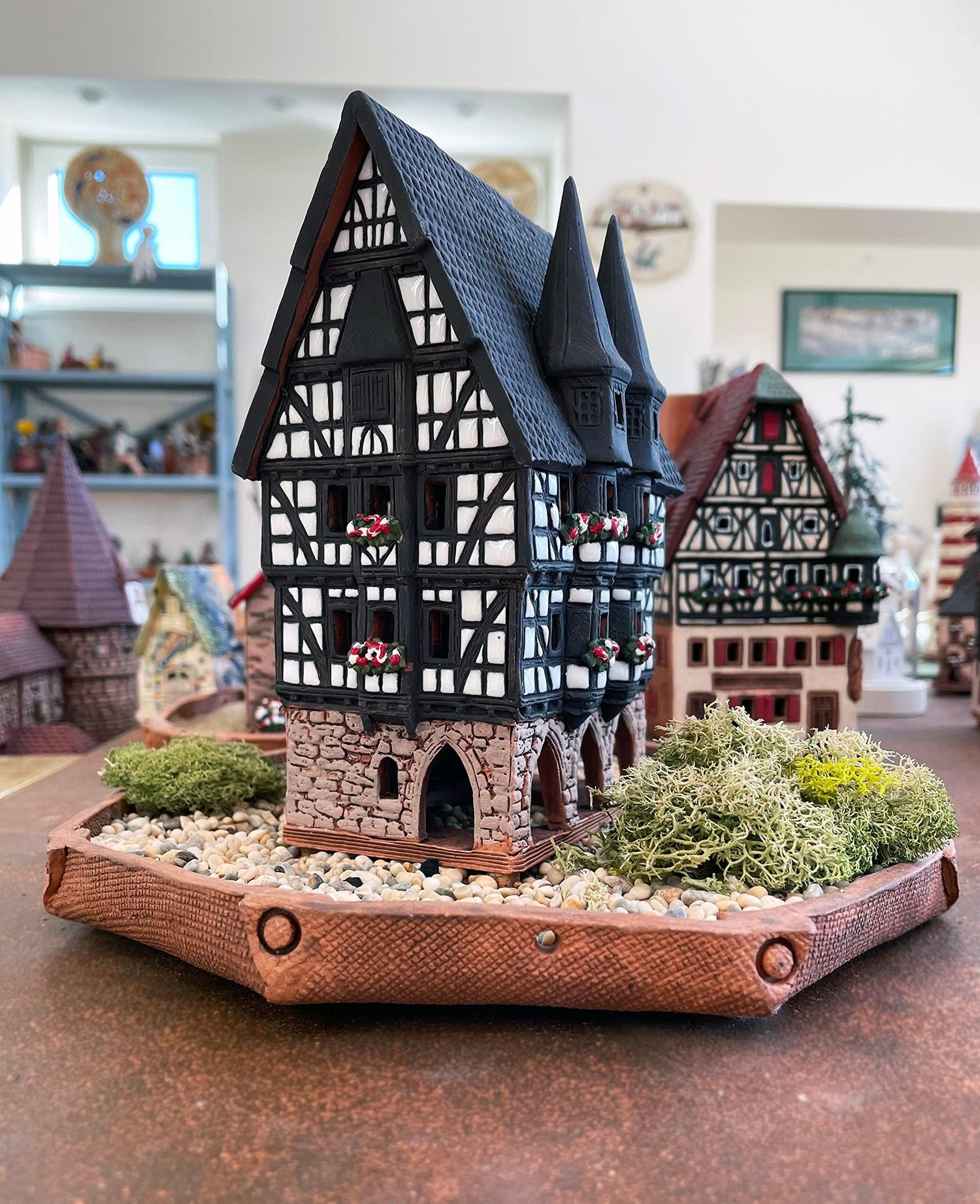 Midene Ceramic Christmas Village Houses Collection - Collectible Handmade Miniature of Town Hall in Alsfeld Tiny House German - Tea Light Candle Holder B210N*