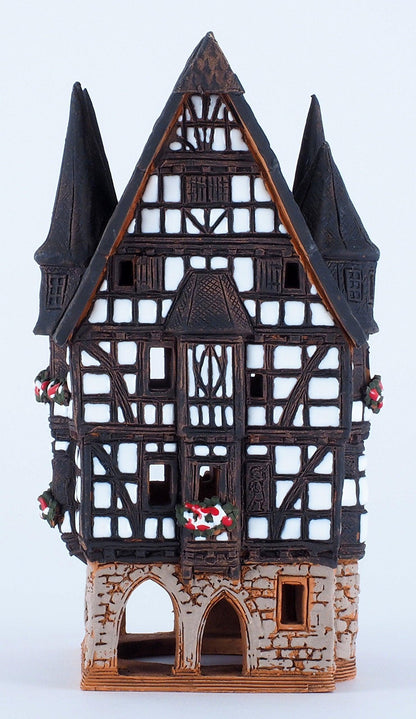 Midene Ceramic Christmas Village Houses Collection - Collectible Handmade Miniature of Town Hall in Alsfeld Tiny House German - Tea Light Candle Holder B210N*