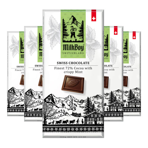 Milkboy Swiss Crispy Mint Dark Chocolates - All Natural 72% Cocoa Bars - Made in Switzerland - Dairy Free - Vegan - Gluten Free - Non-GMO - Kosher - 3.5 oz - 5 Pack