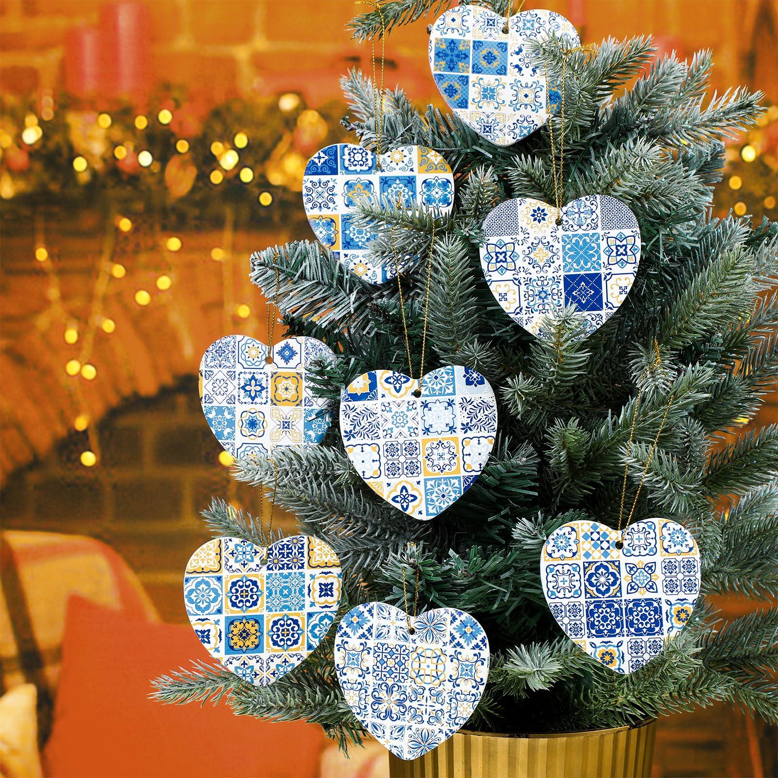 Portuguese Tiles Ceramic Ornament set of 24 - 3 Blue and Yellow Tile Heart Shape Portugal Christmas Ornament New House Housewarming Gifts Lisbon Tile Pattern Decor for Family Holiday Xmas Tree