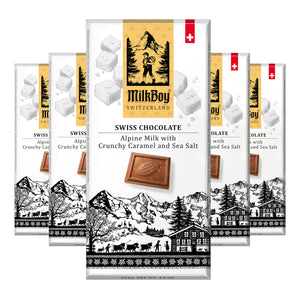 Milkboy Swiss Milk Chocolates - Alpine Milk Chocolate Bars with Crunchy Caramel Sea Salt - Gluten-Free Non-GMO All Natural - Made in Switzerland - 3.5 oz, 5 Pack.
