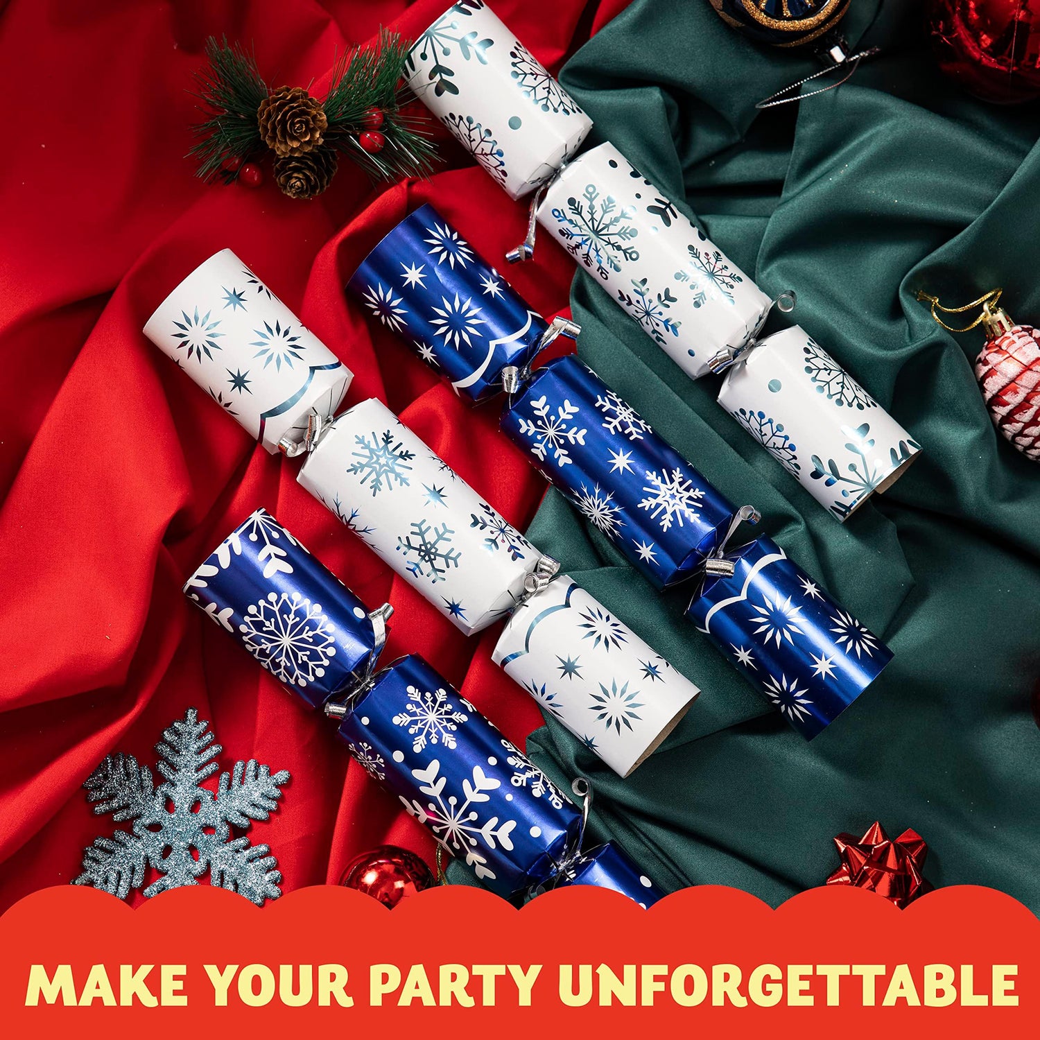 British Crackers 8 Pack Christmas Party Table Favor with Blue &amp; White Snowflake Design, with Party Hat, Joke &amp; Little Gift Inside, for Xmas Gift, Christmas Seasonal Holiday Dinner Traditions