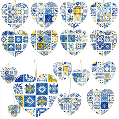 Portuguese Tiles Ceramic Ornament set of 24 - 3 Blue and Yellow Tile Heart Shape Portugal Christmas Ornament New House Housewarming Gifts Lisbon Tile Pattern Decor for Family Holiday Xmas Tree