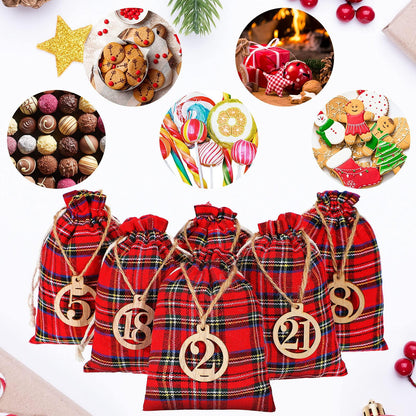 Christmas 24 Days Advent Calendar Xmas Countdown Wooden Numbers with 24 Pieces Buffalo Check Drawstring Christmas Bags for Party Decoration