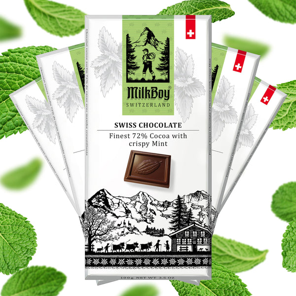 Milkboy Swiss Crispy Mint Dark Chocolates - All Natural 72% Cocoa Bars - Made in Switzerland - Dairy Free - Vegan - Gluten Free - Non-GMO - Kosher - 3.5 oz - 5 Pack.