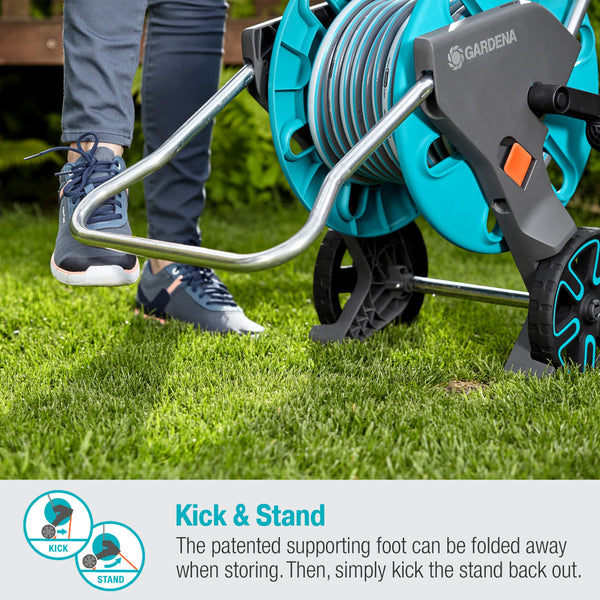 Gardena 18515-80 Frost Proof Hose Cart with Built-in Hose Guide, Includes 5 ft Connection Hose and Adapters, Holds 195 ft 1/2” Hose, Durable Construction, Made in Germany, 5 Year Warranty Turquoise.