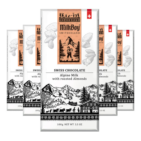 Milkboy Swiss Almond Chocolate Bars - Premium Swiss Alpine Milk Chocolate with Almonds - All Natural, Gluten-Free, Non-GMO - Made in Switzerland, Kosher - 3.5 oz, Pack of 5