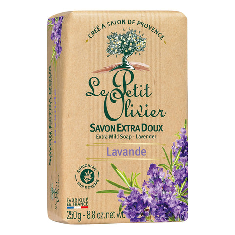 Le Petit Olivier Extra Mild Soap - Lavender - Gently Cleanses Skin - Delicately Perfumed - Vegetable Origin Based - 8.8 Oz