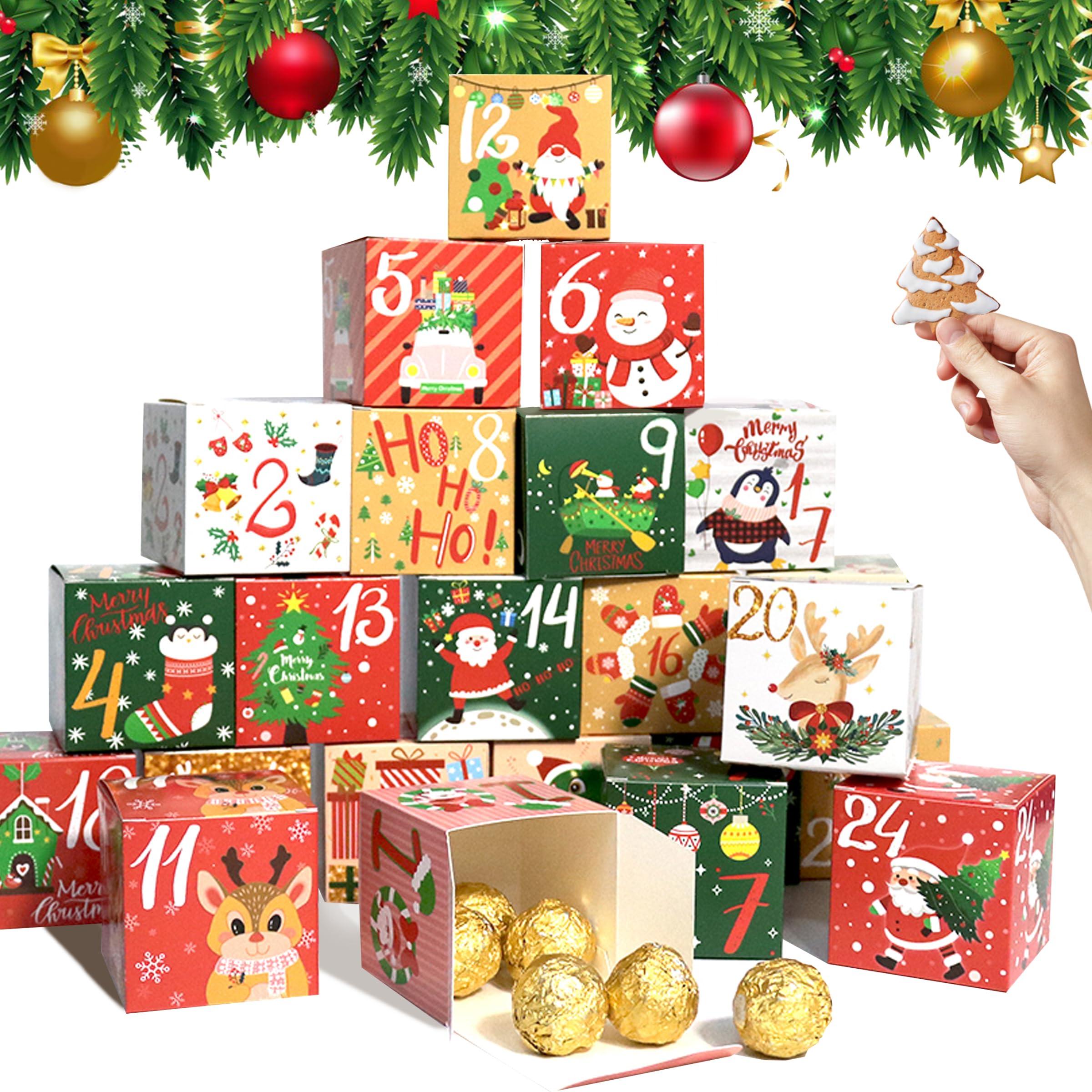 Christmas Advent Calendar Boxes 2024, Christmas Countdown 24 Days Gift Box Cute DIY Empty Advent Calendar Boxes to Fill Number Candy Box for Kids Gifting Christmas Party Holiday (Christmas colors)