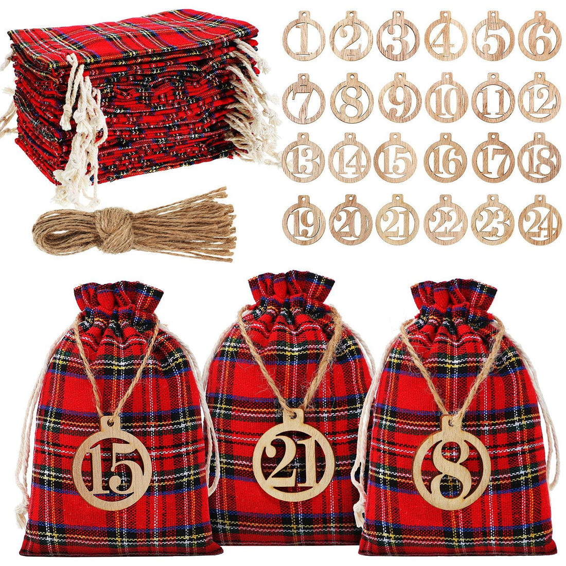 Christmas 24 Days Advent Calendar Xmas Countdown Wooden Numbers with 24 Pieces Buffalo Check Drawstring Christmas Bags for Party Decoration