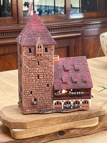 Midene Ceramic Houses Collection - Collectible Handmade Miniature of Historic Schuldturm Tower in Nurnberg, Germany - Tea Light Candle Holder, Essential Oil Burner C346AR*