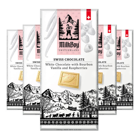 MilkBoy Swiss Chocolates - Premium White Chocolate Bars with Bourbon Vanilla and Raspberries - Candy Bars, Gluten Free, Non-GMO, Kosher, 3.5 oz (Pack of 5).