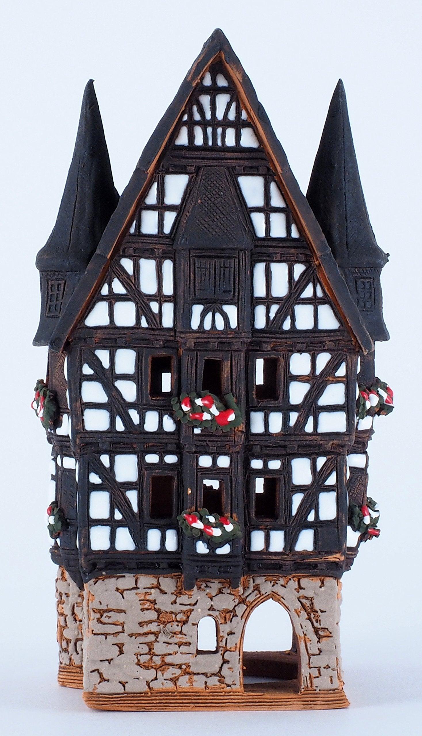 Midene Ceramic Christmas Village Houses Collection - Collectible Handmade Miniature of Town Hall in Alsfeld Tiny House German - Tea Light Candle Holder B210N*