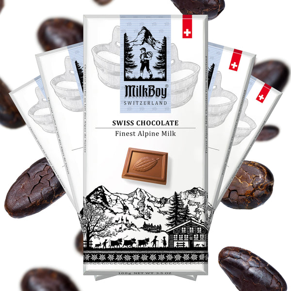 Milkboy Swiss Chocolate Bars - Premium Swiss Alpine Milk Chocolate - Smooth European Milk Chocolates Gift - Sustainably Farmed Cocoa - Gluten Free - 3.5 oz - 5 Pack.