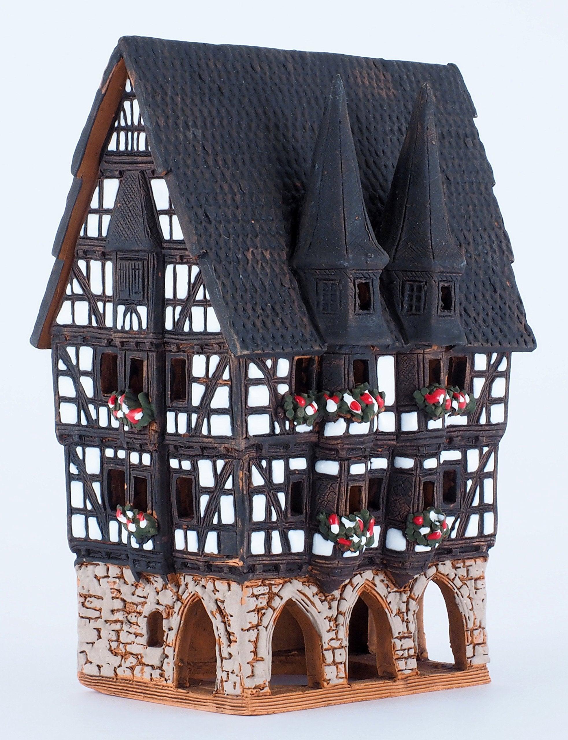 Midene Ceramic Christmas Village Houses Collection - Collectible Handmade Miniature of Town Hall in Alsfeld Tiny House German - Tea Light Candle Holder B210N*