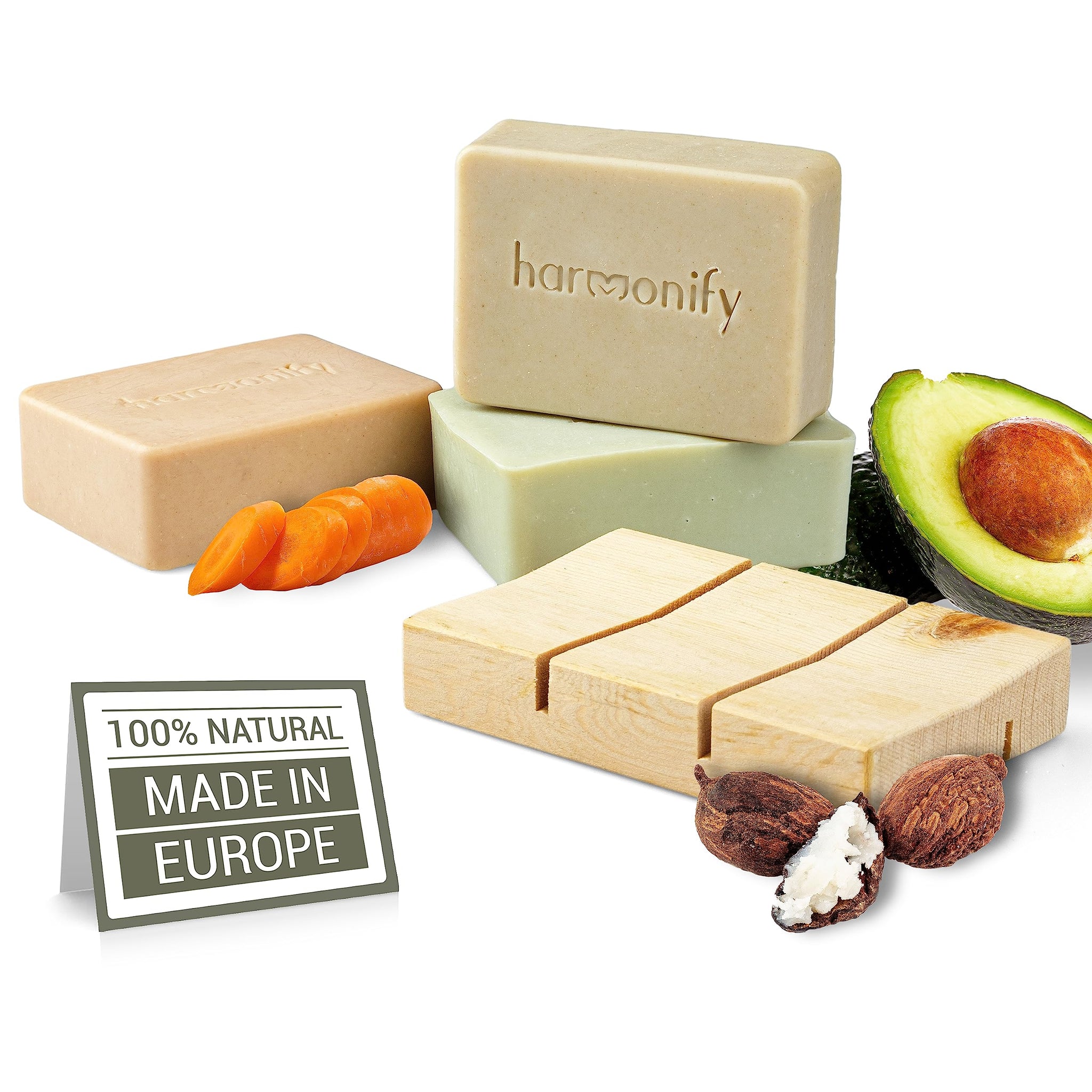 All Natural 3 Set of Soap Bars, (Avocado, Carrot, Shea Butter) with Wooden Soap Dish, Assortment of Hand-Made Soaps, Skin Revitalizing and Moisturizing, Healthy, Made in Europe.