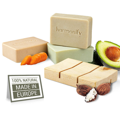 All Natural 3 Set of Soap Bars, (Avocado, Carrot, Shea Butter) with Wooden Soap Dish, Assortment of Hand-Made Soaps, Skin Revitalizing and Moisturizing, Healthy, Made in Europe.