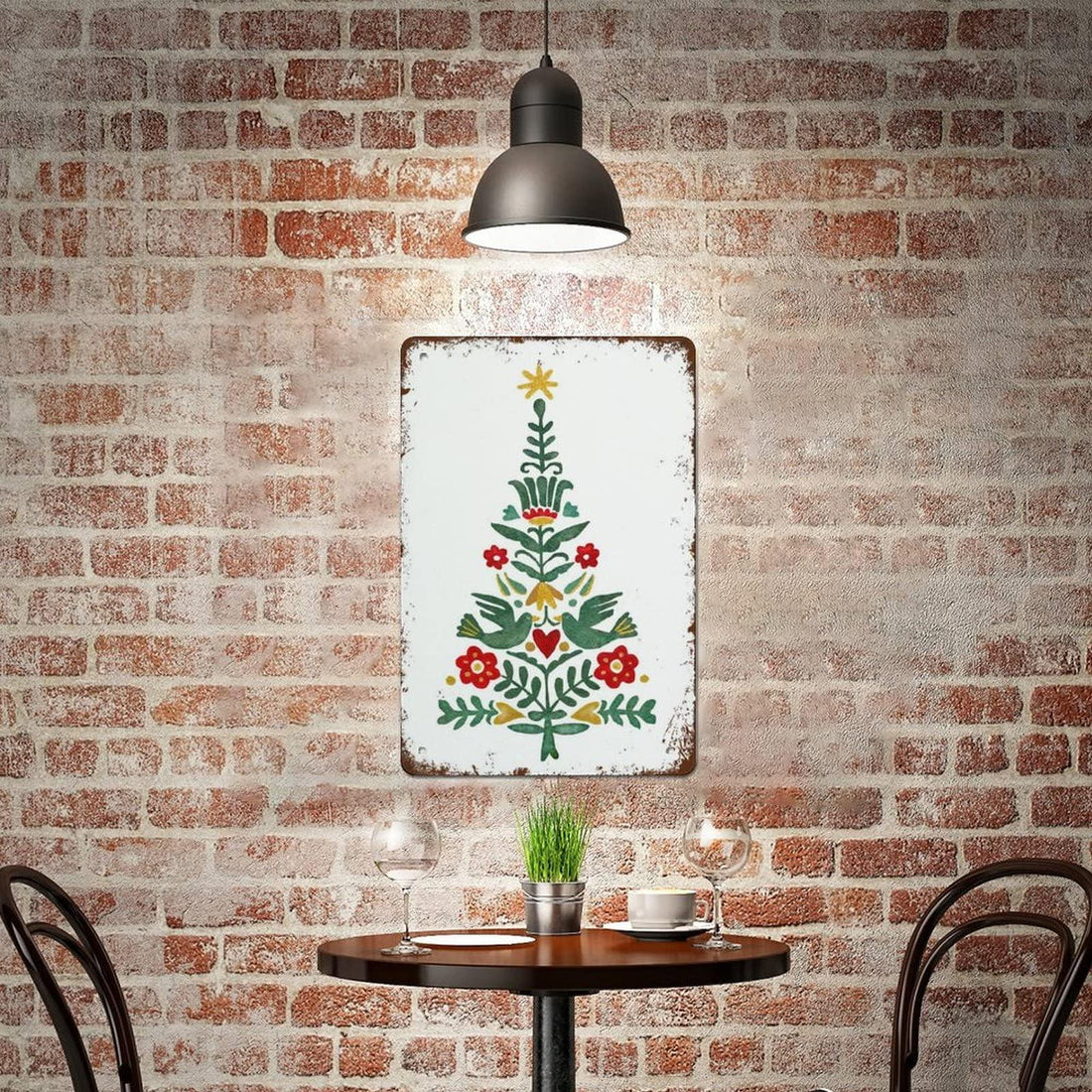 Scandinavian Christmas Print, Watercolor Christmas Tree, Christmas Decoration, Holiday Decor, Norwegian Folk Art Print Swedish Polish Danish Funny Vintage Metal Tin Sign for Home Coffee 12 x 8 Inch