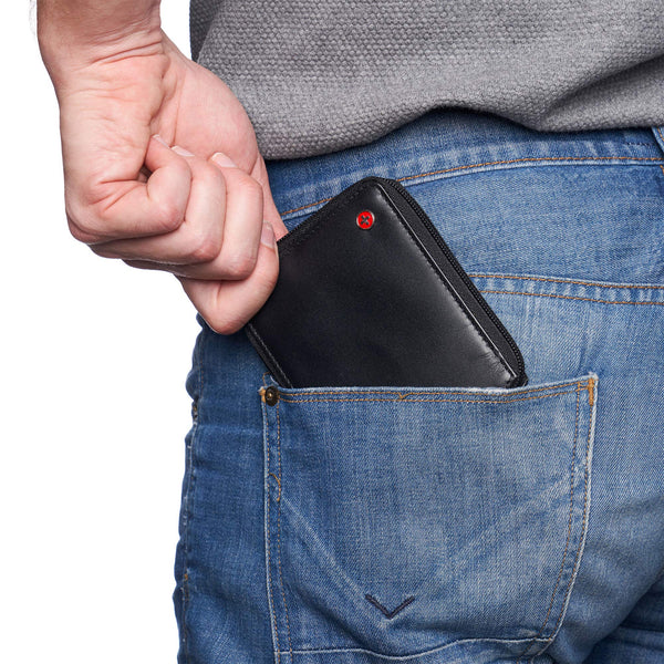 Alpine Swiss Logan Mens RFID Safe Zipper Wallet Leather Zip Around Bifold Comes in Gift Box Black.