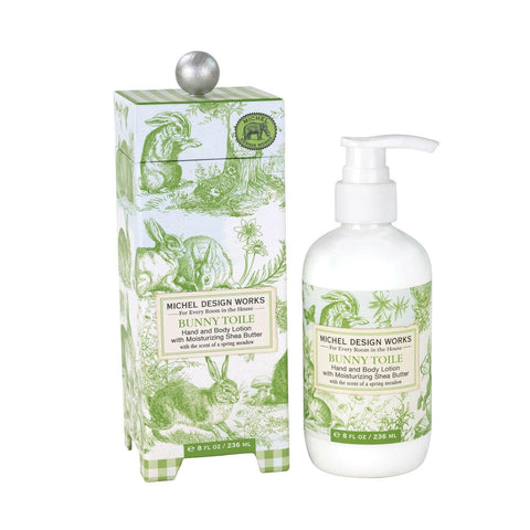 Michel Design Works Hand and Body Lotion 8oz, Bunny Toile Scent and Design, Shea Butter and Aloe Vera Blend, Beautiful Container with Pump.