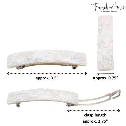 French Amie Oblong Handmade 3.5" Celluloid Automatic Hair Clip Barrette Hair Clip for Girls Strong Hold No Slip Durable Women Hair Accessories, Made in France (Frost White)
