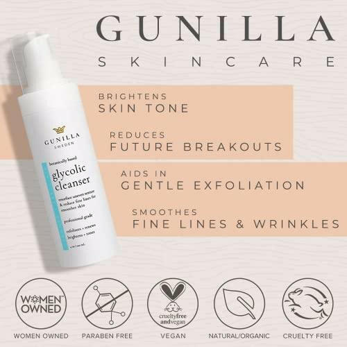 GUNILLA 2% Glycolic Cleanser an Exfoliating Daily Face Wash for Anti-Aging, Moisturizing, for All Skin Types with Organic Aloe & 16+ Botanicals 4 oz - The European Gift Store