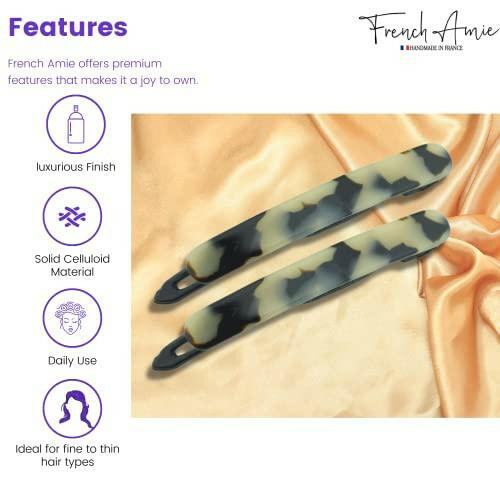 French Amie Rounded Oblong Small 2.5" Cellulose No Metal Set of 2 French Hair Slides Clips for Women Tige Boule Clasp Handmade Girls Side Slide-in Barrette Clip Paris Hair Accessories for Women Strong Hold No Slip Grip Fashion Durable and Styling, Made in - The European Gift Store