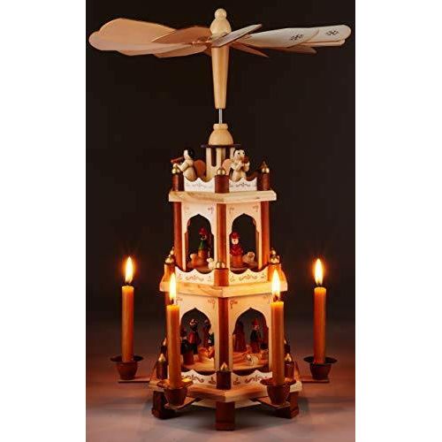 Wooden German Christmas Pyramid - 18 Inches - 3 Tier Carousel - Nativity Play - The European Gift Store