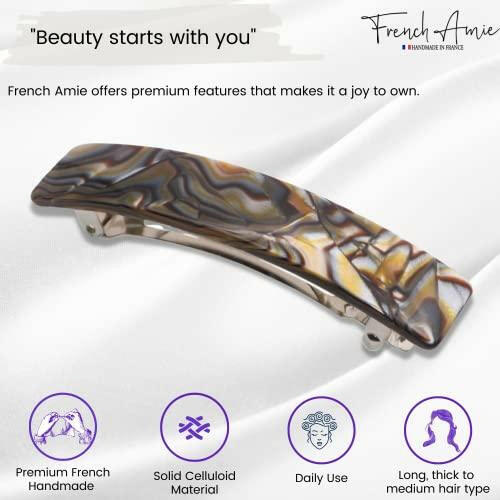 French Amie Oblong 3.5" Celluloid Handmade No Slip Hair Clip Barrette for Women, Made in France (Silver Onyx) - The European Gift Store