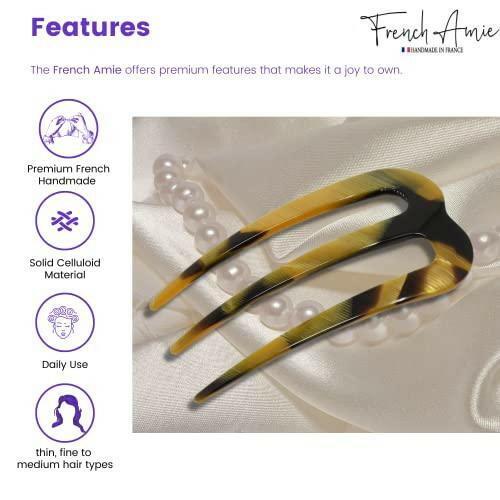 French Amie Tri Prongs 3" Medium Handmade Cellulose French Twist Stick Clip Pins 3-Prong Hair Fork for Girls Spiral Up-do Chignon Bun Holder Flexible Durable Styling Women Hair Accessories, Made in France(Caramel)