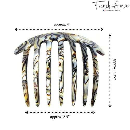 French Amie 7 Teeth Handmade Celluloid Side Hair Comb Flexible Durable Hair Combs Strong Hold Hair Clips for Women No Slip Styling Girls Paris Hair Accessories, Made in France (Silver Onyx Gray) - The European Gift Store