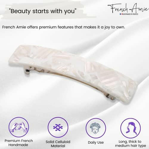 French Amie Oblong Handmade 3.5" Celluloid Automatic Hair Clip Barrette Hair Clip for Girls Strong Hold No Slip Durable Women Hair Accessories, Made in France (Frost White) - The European Gift Store